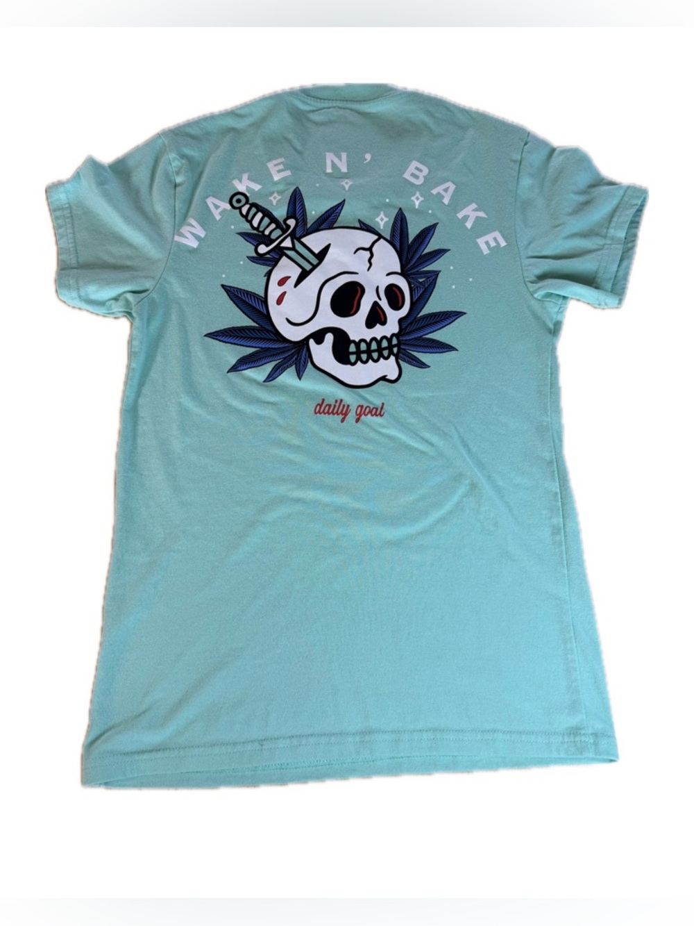 Cactus & Skull Blue/Green Unisex Graphic T-Shirt “Wake N Bake” Runs Small-Large